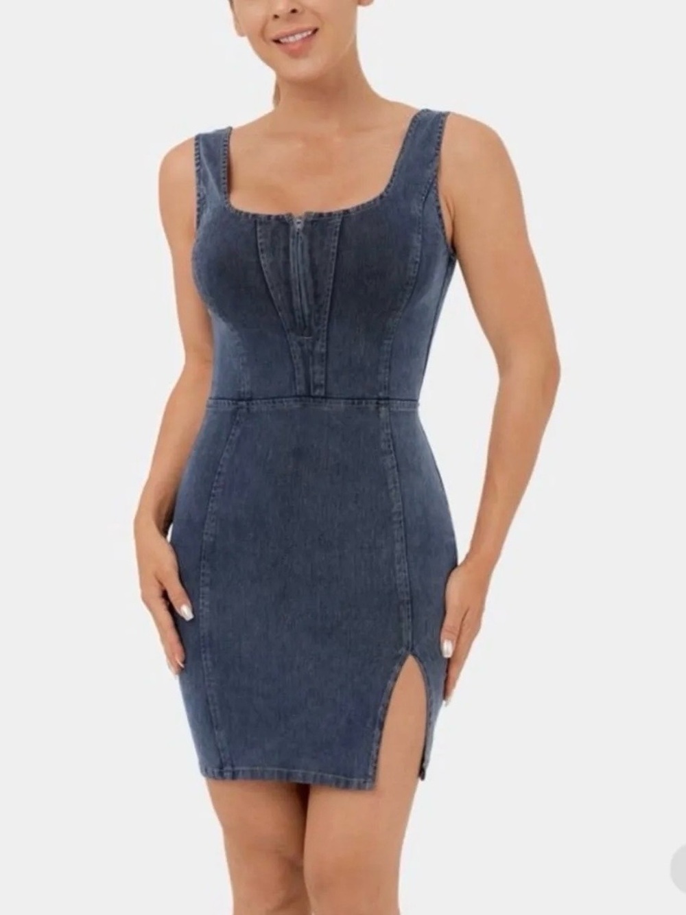 Halara Denim Zip Front Split Hem Mini Dress